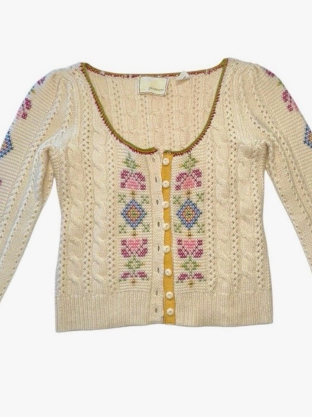 Anthropologie Guinevere Vtg Inspired Cross Stitch Cable Knit Cardigan Sweater Sm